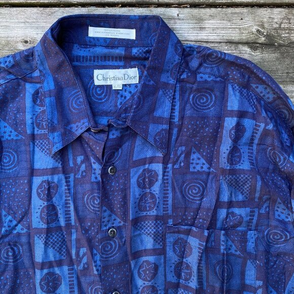 Vintage 1997 Christian Dior Circle Pattern Button Up Dress Shirt XL Blue - Picture 2 of 8